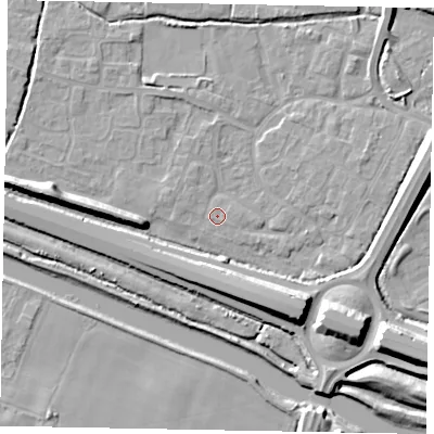 Shaded relief map of the ground around SL12TT, computed from Environment Agency LiDAR. The ground here sits at about 21 m above sea level and falls 11 m across the surrounding 800 m. Surface water reaching this point runs off ground lying to the west-north-west, 0.6 m higher.