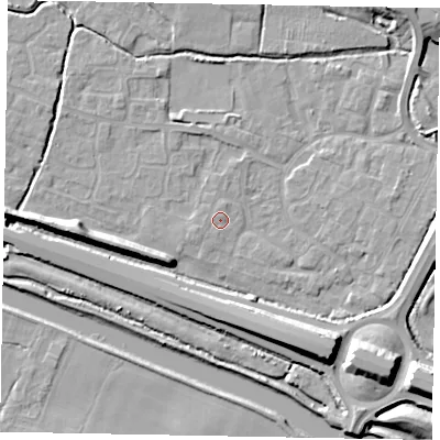 Shaded relief map of the ground around SL12TU, computed from Environment Agency LiDAR. The ground here sits at about 21 m above sea level and falls 12 m across the surrounding 800 m. Surface water reaching this point runs off ground lying to the south, 0.7 m higher.