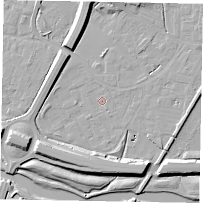 Shaded relief map of the ground around SL12TW, computed from Environment Agency LiDAR. The ground here sits at about 21 m above sea level and falls 14 m across the surrounding 800 m. Surface water reaching this point runs off ground lying to the south-south-east, 13.6 m higher.
