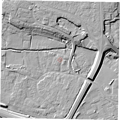Shaded relief map of the ground around SL12TY, computed from Environment Agency LiDAR. The ground here sits at about 21 m above sea level and falls 11 m across the surrounding 800 m. Surface water reaching this point runs off ground lying to the east-south-east, 1.3 m higher.