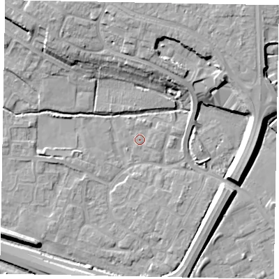 Shaded relief map of the ground around SL12TZ, computed from Environment Agency LiDAR. The ground here sits at about 21 m above sea level and falls 11 m across the surrounding 800 m. Surface water reaching this point runs off ground lying to the north-north-east, 0.8 m higher.