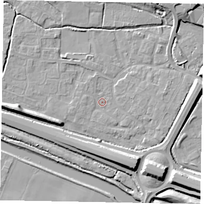 Shaded relief map of the ground around SL12UB, computed from Environment Agency LiDAR. The ground here sits at about 20 m above sea level and falls 11 m across the surrounding 800 m. Surface water reaching this point runs off ground lying to the west-south-west, 1.7 m higher.