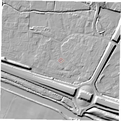 Shaded relief map of the ground around SL12UN, computed from Environment Agency LiDAR. The ground here sits at about 20 m above sea level and falls 11 m across the surrounding 800 m. Surface water reaching this point runs off ground lying to the north-north-east, 6.3 m higher.