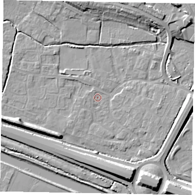 Shaded relief map of the ground around SL12UX, computed from Environment Agency LiDAR. The ground here sits at about 20 m above sea level and falls 12 m across the surrounding 800 m. Surface water reaching this point runs off ground lying to the north-north-west, 1.0 m higher.