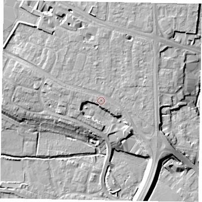 Shaded relief map of the ground around SL12YE, computed from Environment Agency LiDAR. The ground here sits at about 30 m above sea level and falls 12 m across the surrounding 800 m. Surface water reaching this point runs off ground lying to the north-west, 0.8 m higher.