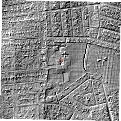 Shaded relief map of the ground around SL13AH, computed from Environment Agency LiDAR. The ground here sits at about 31 m above sea level and falls 6 m across the surrounding 800 m. Surface water reaching this point runs off ground lying to the north-north-west, 3.1 m higher.