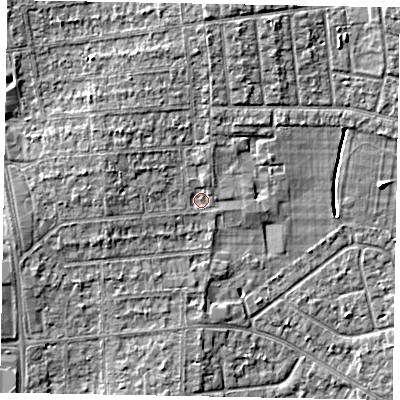 Shaded relief map of the ground around SL13AN, computed from Environment Agency LiDAR. The ground here sits at about 31 m above sea level and falls 6 m across the surrounding 800 m. Surface water reaching this point runs off ground lying to the north, 3.5 m higher.