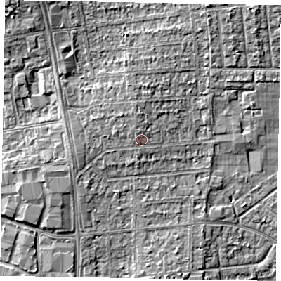 Shaded relief map of the ground around SL13AW, computed from Environment Agency LiDAR. The ground here sits at about 32 m above sea level and falls 7 m across the surrounding 800 m. Surface water reaching this point runs off ground lying to the north-west, 0.9 m higher.
