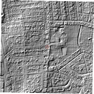 Shaded relief map of the ground around SL13AX, computed from Environment Agency LiDAR. The ground here sits at about 31 m above sea level and falls 6 m across the surrounding 800 m. Surface water reaching this point runs off ground lying to the north, 3.7 m higher.