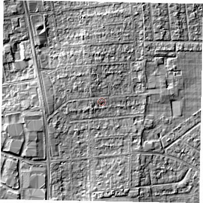 Shaded relief map of the ground around SL13AY, computed from Environment Agency LiDAR. The ground here sits at about 32 m above sea level and falls 6 m across the surrounding 800 m. Surface water reaching this point runs off ground lying to the north-west, 1.1 m higher.