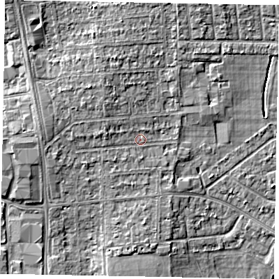 Shaded relief map of the ground around SL13BG, computed from Environment Agency LiDAR. The ground here sits at about 31 m above sea level and falls 6 m across the surrounding 800 m. Surface water reaching this point runs off ground lying to the west, 1.5 m higher.