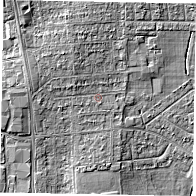 Shaded relief map of the ground around SL13BQ, computed from Environment Agency LiDAR. The ground here sits at about 31 m above sea level and falls 6 m across the surrounding 800 m. Surface water reaching this point runs off ground lying to the west-north-west, 1.4 m higher.