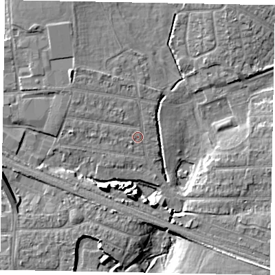 Shaded relief map of the ground around SL13BU, computed from Environment Agency LiDAR. The ground here sits at about 29 m above sea level and falls 12 m across the surrounding 800 m. Surface water reaching this point runs off ground lying to the west-north-west, 2.0 m higher.