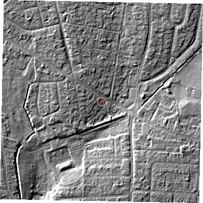 Shaded relief map of the ground around SL13EH, computed from Environment Agency LiDAR. The ground here sits at about 28 m above sea level and falls 6 m across the surrounding 800 m. Surface water reaching this point runs off ground lying to the north-north-west, 3.8 m higher.