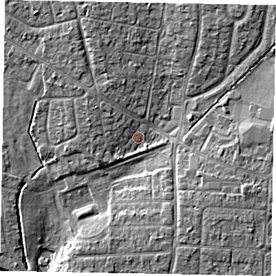 Shaded relief map of the ground around SL13EJ, computed from Environment Agency LiDAR. The ground here sits at about 28 m above sea level and falls 6 m across the surrounding 800 m. Surface water reaching this point runs off ground lying to the north-west, 2.0 m higher.