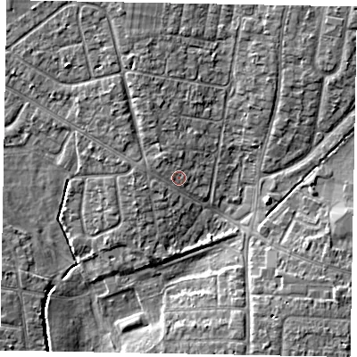 Shaded relief map of the ground around SL13EL, computed from Environment Agency LiDAR. The ground here sits at about 29 m above sea level and falls 6 m across the surrounding 800 m. Surface water reaching this point runs off ground lying to the north-north-west, 1.9 m higher.