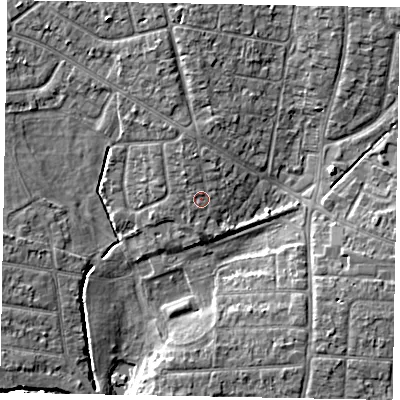 Shaded relief map of the ground around SL13EN, computed from Environment Agency LiDAR. The ground here sits at about 29 m above sea level and falls 6 m across the surrounding 800 m. Surface water reaching this point runs off ground lying to the north-north-west, 1.2 m higher.