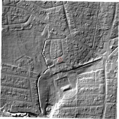 Shaded relief map of the ground around SL13ER, computed from Environment Agency LiDAR. The ground here sits at about 29 m above sea level and falls 10 m across the surrounding 800 m. Surface water reaching this point runs off ground lying to the north-east, 1.6 m higher.