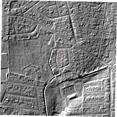 Shaded relief map of the ground around SL13ES, computed from Environment Agency LiDAR. The ground here sits at about 29 m above sea level and falls 6 m across the surrounding 800 m. Surface water reaching this point runs off ground lying to the east-north-east, 1.4 m higher.