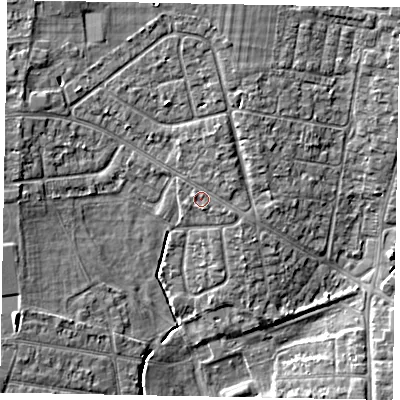 Shaded relief map of the ground around SL13EX, computed from Environment Agency LiDAR. The ground here sits at about 30 m above sea level and falls 5 m across the surrounding 800 m. Surface water reaching this point runs off ground lying to the north-north-east, 0.9 m higher.