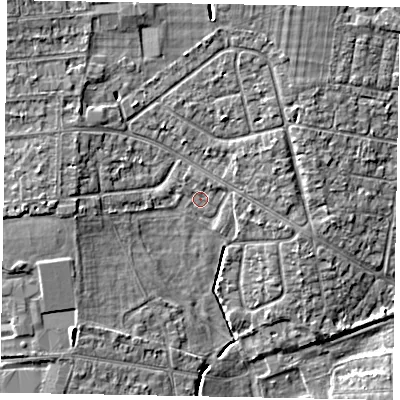 Shaded relief map of the ground around SL13EY, computed from Environment Agency LiDAR. The ground here sits at about 29 m above sea level and falls 6 m across the surrounding 800 m. Surface water reaching this point runs off ground lying to the north-north-east, 1.2 m higher.