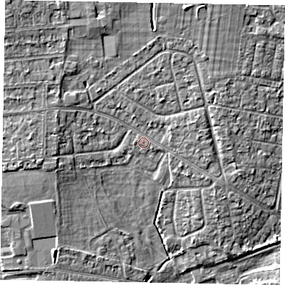 Shaded relief map of the ground around SL13HD, computed from Environment Agency LiDAR. The ground here sits at about 30 m above sea level and falls 7 m across the surrounding 800 m. Surface water reaching this point runs off ground lying to the north-north-east, 3.8 m higher.