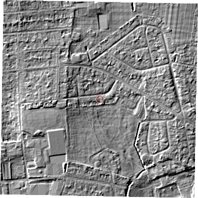Shaded relief map of the ground around SL13HE, computed from Environment Agency LiDAR. The ground here sits at about 29 m above sea level and falls 6 m across the surrounding 800 m. Surface water reaching this point runs off ground lying to the north-west, 4.0 m higher.