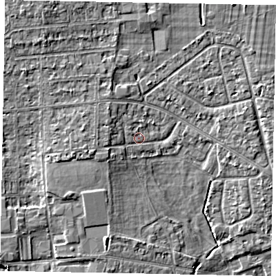 Shaded relief map of the ground around SL13HL, computed from Environment Agency LiDAR. The ground here sits at about 30 m above sea level and falls 6 m across the surrounding 800 m. Surface water reaching this point runs off ground lying to the west-south-west, 2.5 m higher.