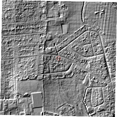 Shaded relief map of the ground around SL13HN, computed from Environment Agency LiDAR. The ground here sits at about 30 m above sea level and falls 7 m across the surrounding 800 m. Surface water reaching this point runs off ground lying to the north-west, 4.1 m higher.
