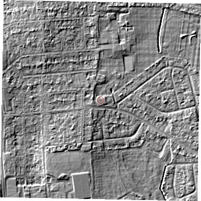 Shaded relief map of the ground around SL13HS, computed from Environment Agency LiDAR. The ground here sits at about 31 m above sea level and falls 7 m across the surrounding 800 m. Surface water reaching this point runs off ground lying to the west-north-west, 1.7 m higher.