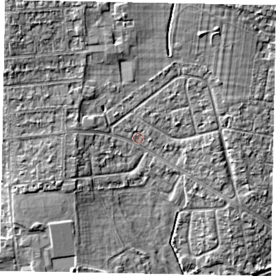 Shaded relief map of the ground around SL13HT, computed from Environment Agency LiDAR. The ground here sits at about 29 m above sea level and falls 6 m across the surrounding 800 m. Surface water reaching this point runs off ground lying to the north-west, 4.1 m higher.