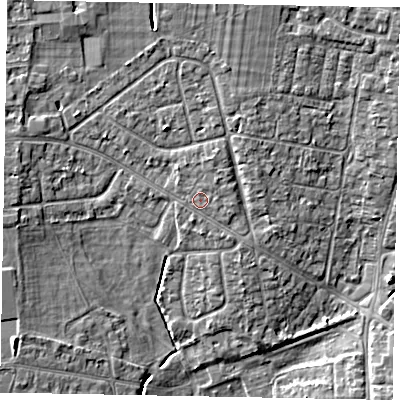 Shaded relief map of the ground around SL13HU, computed from Environment Agency LiDAR. The ground here sits at about 30 m above sea level and falls 5 m across the surrounding 800 m. Surface water reaching this point runs off ground lying to the north-east, 0.9 m higher.