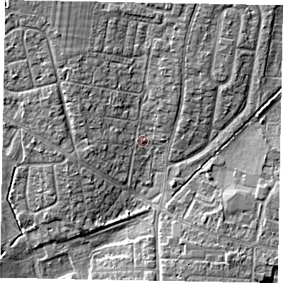 Shaded relief map of the ground around SL13JE, computed from Environment Agency LiDAR. The ground here sits at about 29 m above sea level and falls 5 m across the surrounding 800 m. Surface water reaching this point runs off ground lying to the north-north-east, 3.1 m higher.