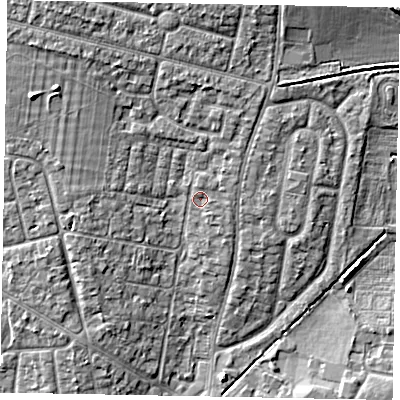 Shaded relief map of the ground around SL13JF, computed from Environment Agency LiDAR. The ground here sits at about 30 m above sea level and falls 7 m across the surrounding 800 m. Surface water reaching this point runs off ground lying to the north-west, 3.4 m higher.