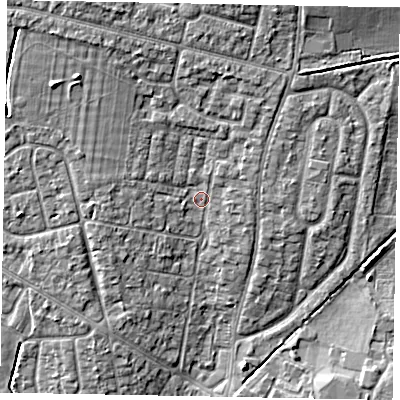 Shaded relief map of the ground around SL13JH, computed from Environment Agency LiDAR. The ground here sits at about 29 m above sea level and falls 6 m across the surrounding 800 m. Surface water reaching this point runs off ground lying to the north-north-west, 3.6 m higher.
