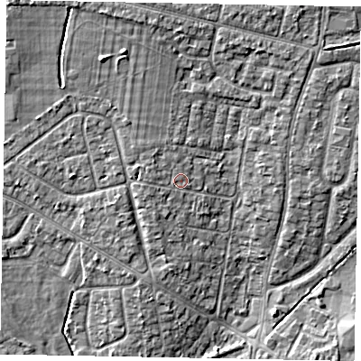 Shaded relief map of the ground around SL13JJ, computed from Environment Agency LiDAR. The ground here sits at about 30 m above sea level and falls 6 m across the surrounding 800 m. Surface water reaching this point runs off ground lying to the west, 1.1 m higher.