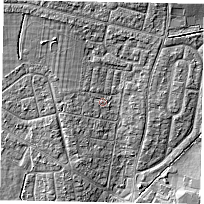 Shaded relief map of the ground around SL13JL, computed from Environment Agency LiDAR. The ground here sits at about 30 m above sea level and falls 6 m across the surrounding 800 m. Surface water reaching this point runs off ground lying to the west, 1.3 m higher.