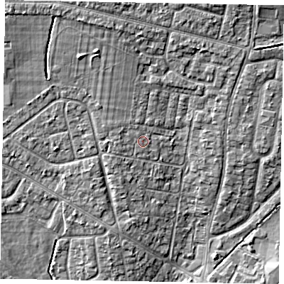Shaded relief map of the ground around SL13JN, computed from Environment Agency LiDAR. The ground here sits at about 30 m above sea level and falls 6 m across the surrounding 800 m. Surface water reaching this point runs off ground lying to the west-south-west, 0.9 m higher.