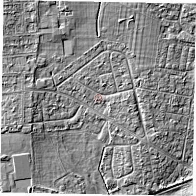 Shaded relief map of the ground around SL13JP, computed from Environment Agency LiDAR. The ground here sits at about 30 m above sea level and falls 6 m across the surrounding 800 m. Surface water reaching this point runs off ground lying to the north-north-east, 3.7 m higher.