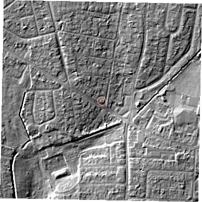 Shaded relief map of the ground around SL13JQ, computed from Environment Agency LiDAR. The ground here sits at about 29 m above sea level and falls 6 m across the surrounding 800 m. Surface water reaching this point runs off ground lying to the north-north-west, 3.2 m higher.