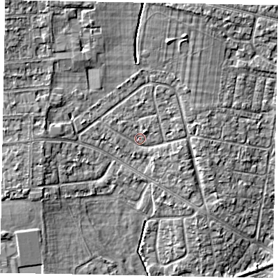 Shaded relief map of the ground around SL13JR, computed from Environment Agency LiDAR. The ground here sits at about 30 m above sea level and falls 6 m across the surrounding 800 m. Surface water reaching this point runs off ground lying to the north-north-east, 3.7 m higher.