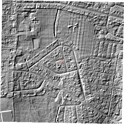 Shaded relief map of the ground around SL13JS, computed from Environment Agency LiDAR. The ground here sits at about 30 m above sea level and falls 6 m across the surrounding 800 m. Surface water reaching this point runs off ground lying to the north, 3.7 m higher.