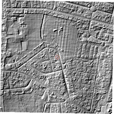 Shaded relief map of the ground around SL13JT, computed from Environment Agency LiDAR. The ground here sits at about 30 m above sea level and falls 6 m across the surrounding 800 m. Surface water reaching this point runs off ground lying to the north, 3.7 m higher.