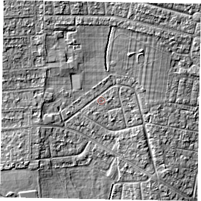 Shaded relief map of the ground around SL13JU, computed from Environment Agency LiDAR. The ground here sits at about 30 m above sea level and falls 6 m across the surrounding 800 m. Surface water reaching this point runs off ground lying to the north-north-east, 1.0 m higher.