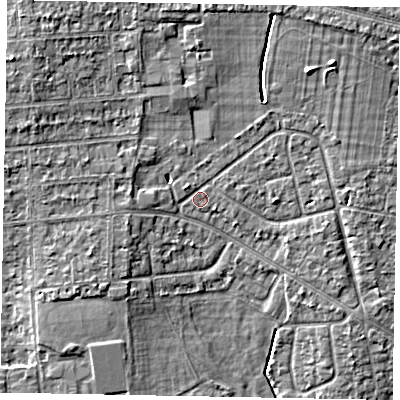 Shaded relief map of the ground around SL13JX, computed from Environment Agency LiDAR. The ground here sits at about 30 m above sea level and falls 7 m across the surrounding 800 m. Surface water reaching this point runs off ground lying to the north-east, 1.5 m higher.