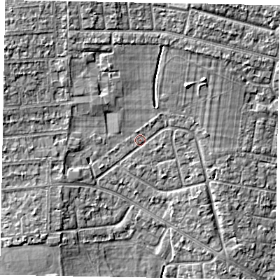 Shaded relief map of the ground around SL13JY, computed from Environment Agency LiDAR. The ground here sits at about 30 m above sea level and falls 6 m across the surrounding 800 m. Surface water reaching this point runs off ground lying to the north-east, 1.1 m higher.