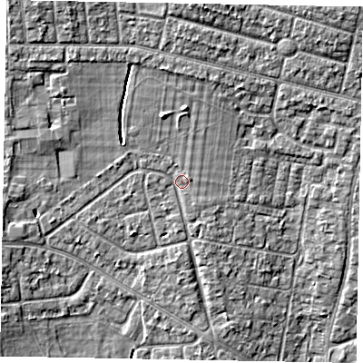 Shaded relief map of the ground around SL13JZ, computed from Environment Agency LiDAR. The ground here sits at about 31 m above sea level and falls 6 m across the surrounding 800 m. Surface water reaching this point runs off ground lying to the north-north-west, 3.7 m higher.