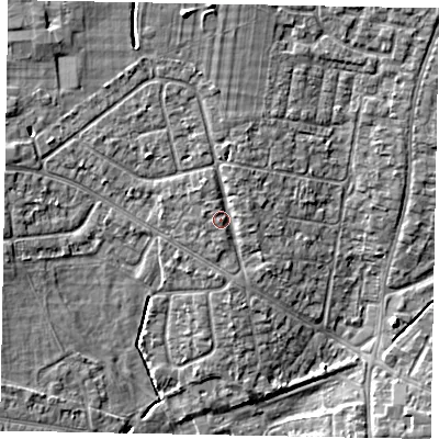 Shaded relief map of the ground around SL13LA, computed from Environment Agency LiDAR. The ground here sits at about 30 m above sea level and falls 7 m across the surrounding 800 m. Surface water reaching this point runs off ground lying to the north, 1.5 m higher.