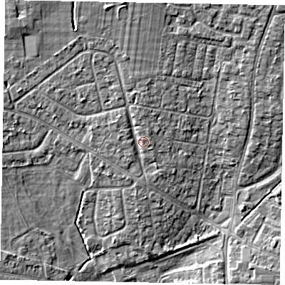 Shaded relief map of the ground around SL13LB, computed from Environment Agency LiDAR. The ground here sits at about 31 m above sea level and falls 7 m across the surrounding 800 m. Surface water reaching this point runs off ground lying to the north, 1.5 m higher.