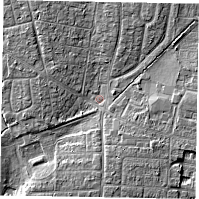 Shaded relief map of the ground around SL13LF, computed from Environment Agency LiDAR. The ground here sits at about 28 m above sea level and falls 6 m across the surrounding 800 m. Surface water reaching this point runs off ground lying to the south-east, 4.4 m higher.